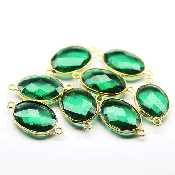 Beads Supplies USA 4pc 23mm Green Quartz Checker Oval 925 Sterling Silver Gold Vermeil Connector Finding Quartz Connector Rings