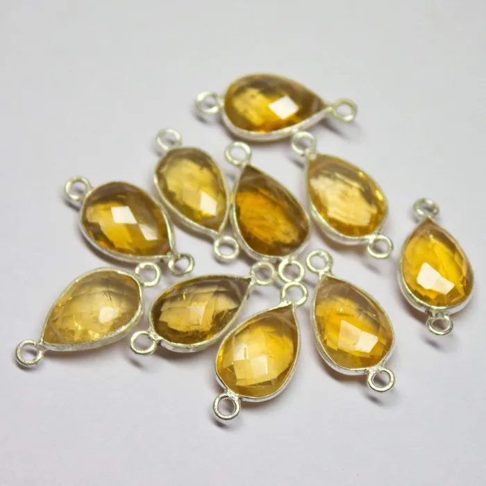 Beads Supplies USA Rings 5pc 18mm Golden Citrine Checker Pear Briolette 925 Sterling Silver Connector Citrine Connector