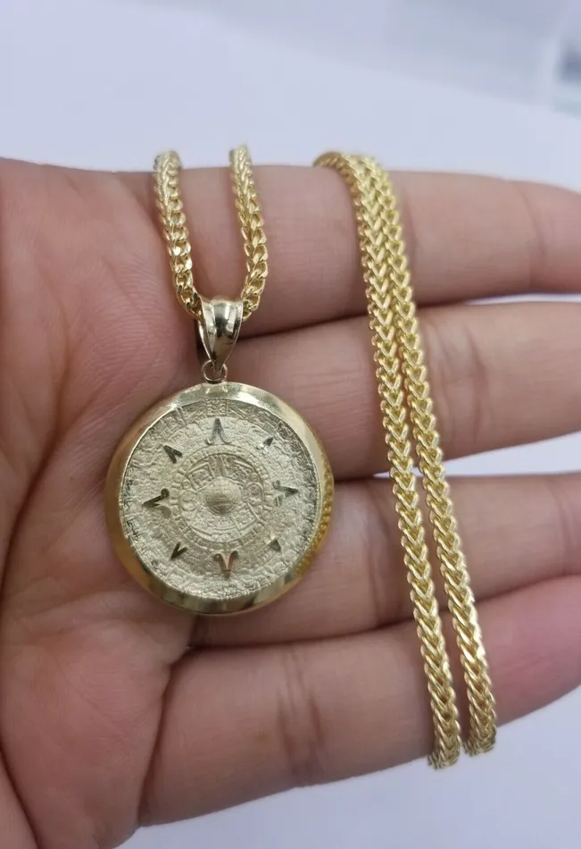 Globalwatches10 Necklaces 10k Real Yellow Gold Aztec Calendar Charm Pendant Men Women Diamond cut