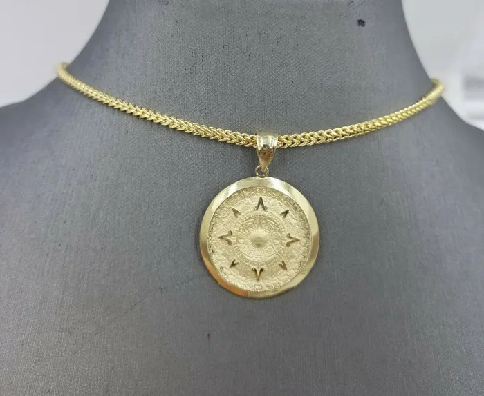 Globalwatches10 Necklaces 10k Real Yellow Gold Aztec Calendar Charm Pendant Men Women Diamond cut