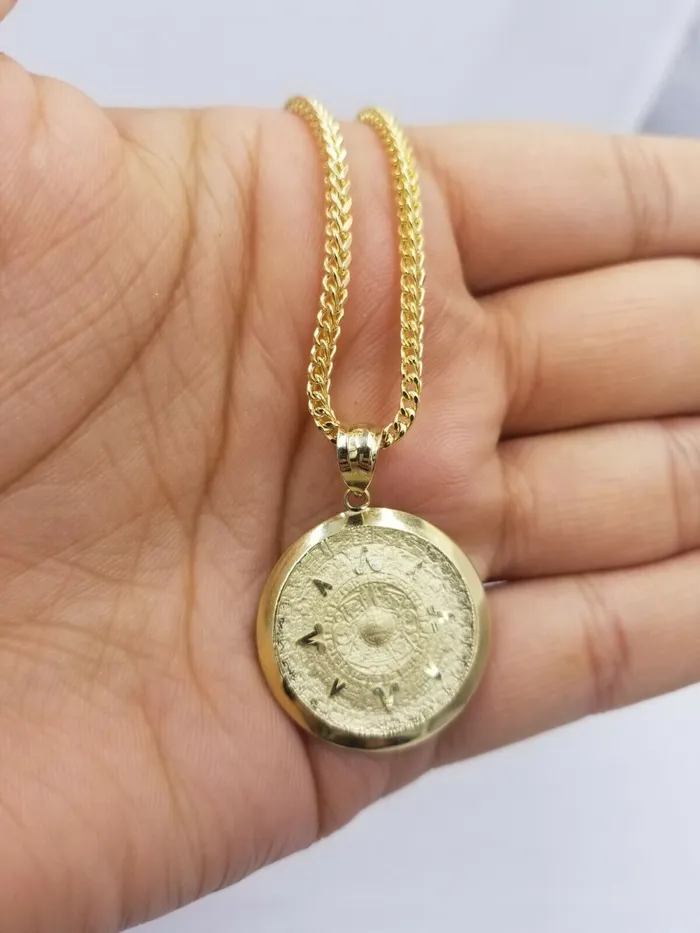 Globalwatches10 Necklaces 10k Real Yellow Gold Aztec Calendar Charm Pendant Men Women Diamond cut