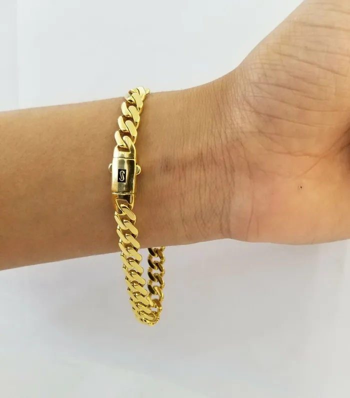 Gold and Diamond Bracelets 10k Yellow Gold Royal Monaco Miami Cuban Link chain8mm Bracelet w Box Clasp 8