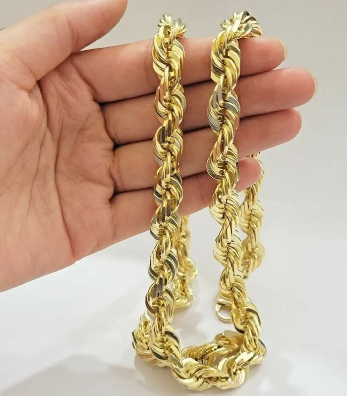 Gold and Diamond Necklaces 10k 14mm Solid Yellow Gold Rope Chain Necklace 28 Inch Mens Thick Heavy Shiny