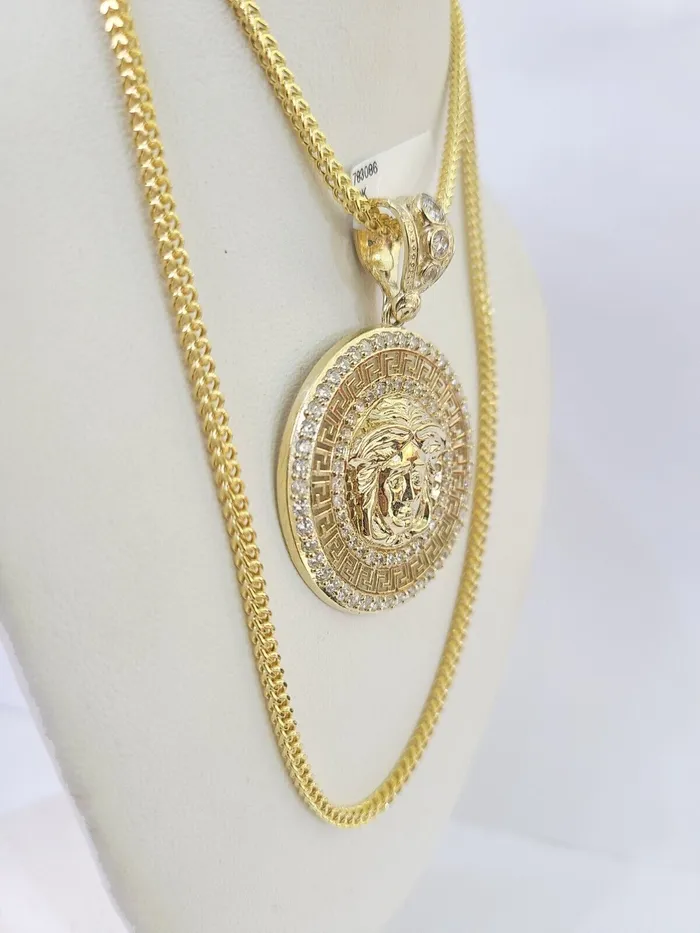 Gold and Diamond Necklaces 10K Franco Chain Medusa Head Pendant Charm Necklace 2026 25mm Yellow Gold