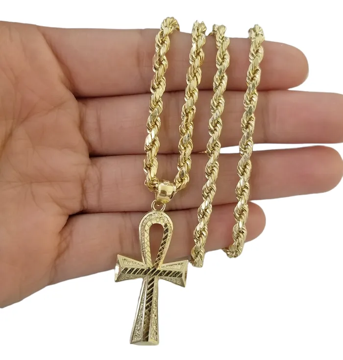 Gold and Diamond Necklaces 10K Gold Ankh Cross Egyptian Symbol Pendant Charm 4mm Rope Chain 20 Inch Gold and Diamond Necklaces 10K Gold Ankh Cross Egyptian Symbol Pendant Charm 4mm Rope Chain 20 Inch