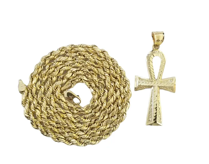 Gold and Diamond Necklaces 10K Gold Ankh Cross Egyptian Symbol Pendant Charm 4mm Rope Chain 20 Inch