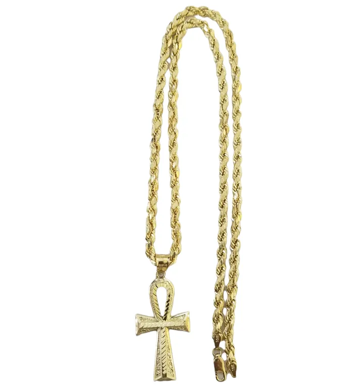Gold and Diamond Necklaces 10K Gold Ankh Cross Egyptian Symbol Pendant Charm 4mm Rope Chain 20 Inch