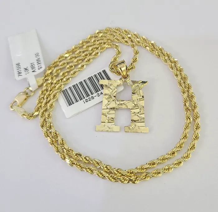 Gold and Diamond Necklaces 10k Gold Initial H Charm Rope Chain 1626 25mm SET Necklace Alphabet Pendant