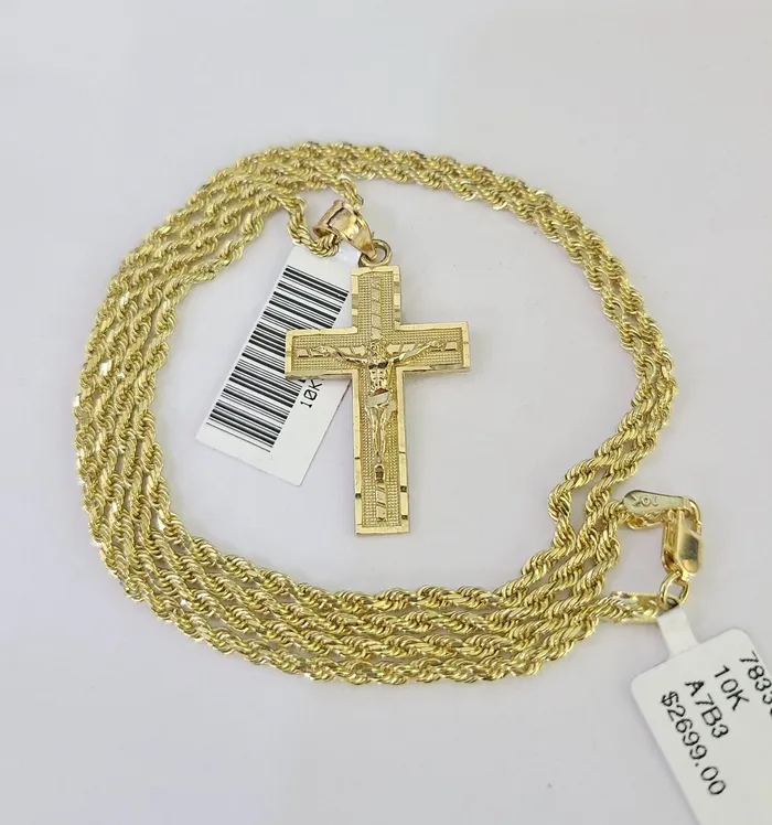 Gold and Diamond Necklaces 10k Solid Rope Chain 2mm Jesus Crucifix Cross Pendant Charm Necklace SET 1824
