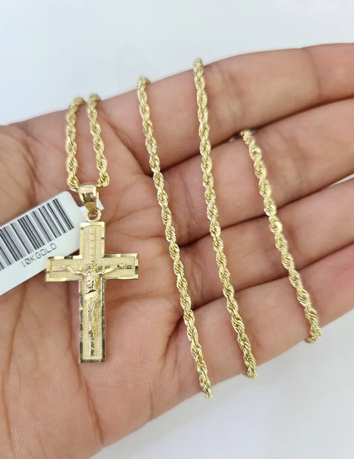 Gold and Diamond Necklaces 10k Solid Rope Chain 2mm Jesus Crucifix Cross Pendant Charm Necklace SET 1824
