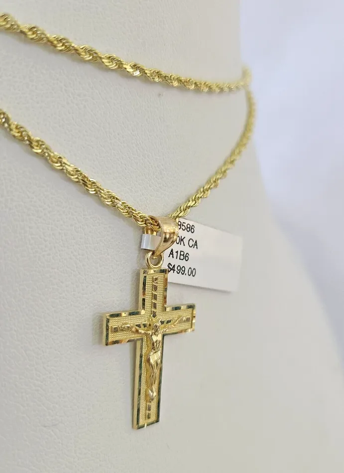 Gold and Diamond Necklaces 10k Solid Rope Chain 2mm Jesus Crucifix Cross Pendant Charm Necklace SET 1824