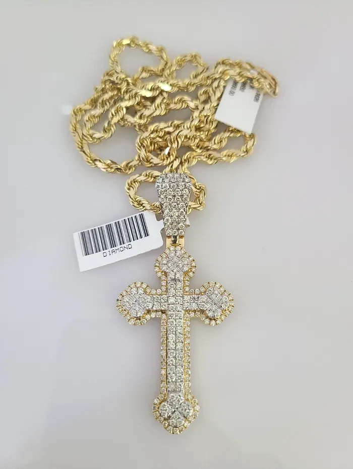 Gold and Diamond Necklaces 10k Solid Rope Chain Jesus Cross Charm Diamond Set 4mm 2028 Necklace Gold