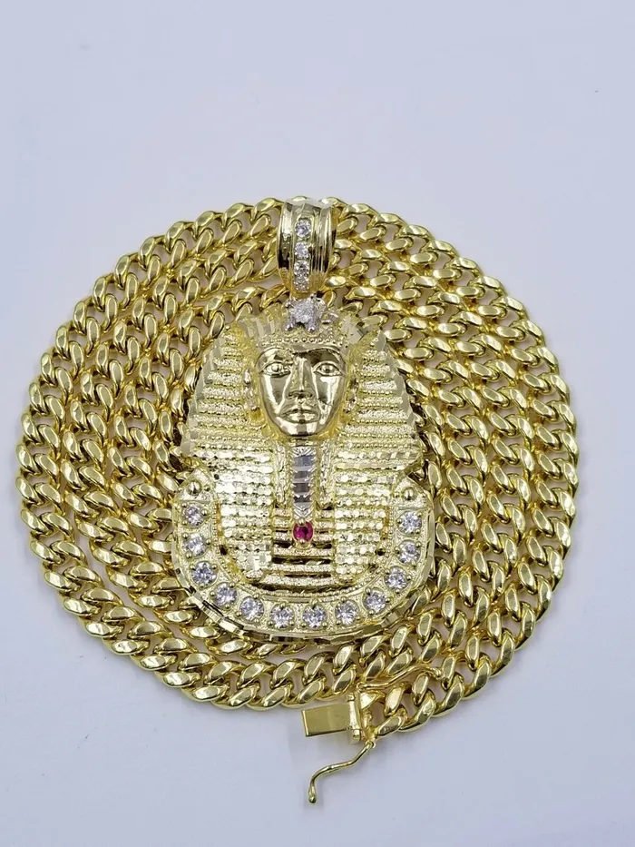 Gold and Diamond Necklaces 10K Yellow Gold 24 Inch Miami Cuban Chain Ruby Pharaoh Head Pendant Diamond Cut Gold and Diamond Necklaces 10K Yellow Gold 24 Inch Miami Cuban Chain Ruby Pharaoh Head Pendant Diamond Cut