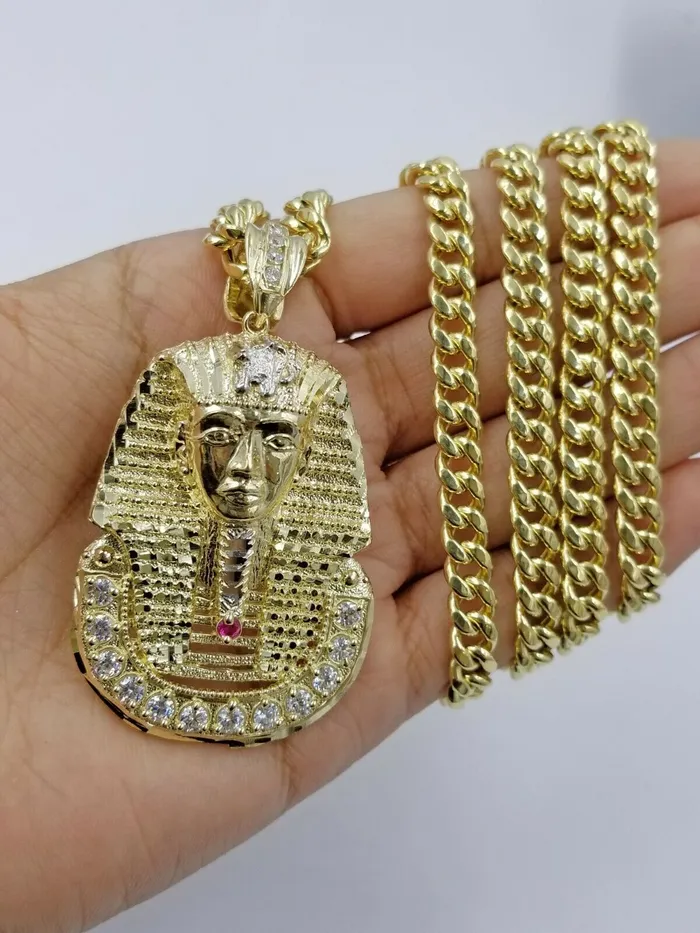 Gold and Diamond Necklaces 10K Yellow Gold 24 Inch Miami Cuban Chain Ruby Pharaoh Head Pendant Diamond Cut