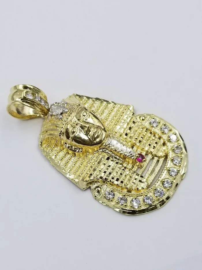 Gold and Diamond Necklaces 10K Yellow Gold 24 Inch Miami Cuban Chain Ruby Pharaoh Head Pendant Diamond Cut