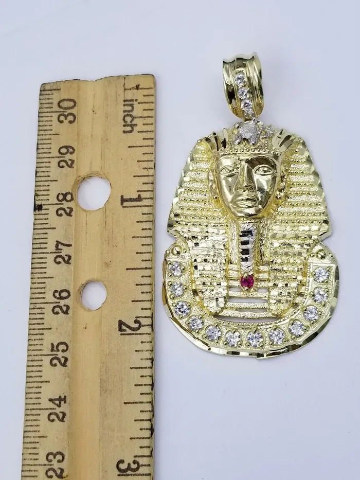 Gold and Diamond Necklaces 10K Yellow Gold 24 Inch Miami Cuban Chain Ruby Pharaoh Head Pendant Diamond Cut
