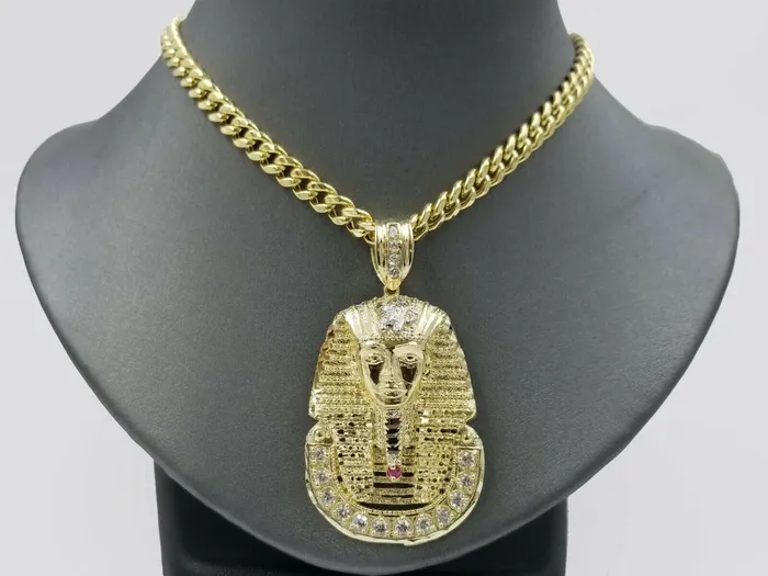Gold and Diamond Necklaces 10K Yellow Gold 24 Inch Miami Cuban Chain Ruby Pharaoh Head Pendant Diamond Cut
