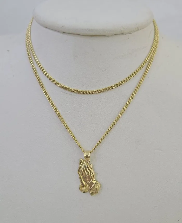 Gold and Diamond Necklaces 14k Miami Cuban Chain Praying Hands Charm Pendant 2mm 1824inch SET Necklace Gold and Diamond Necklaces 14k Miami Cuban Chain Praying Hands Charm Pendant 2mm 1824inch SET Necklace