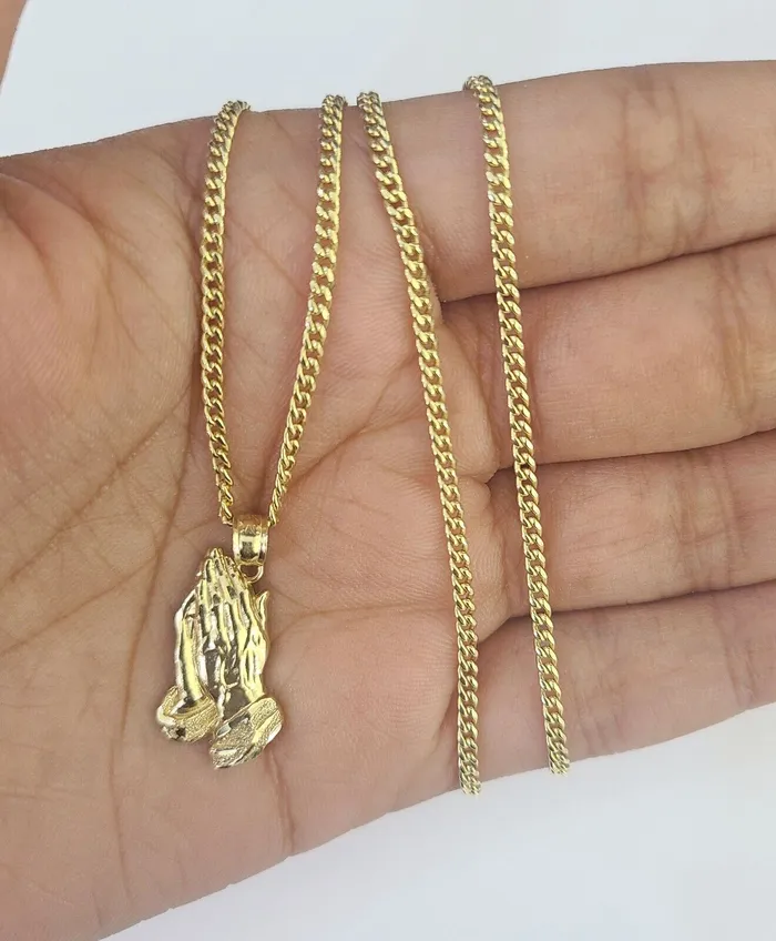 Gold and Diamond Necklaces 14k Miami Cuban Chain Praying Hands Charm Pendant 2mm 1824inch SET Necklace