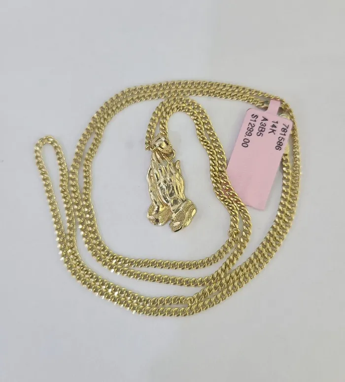 Gold and Diamond Necklaces 14k Miami Cuban Chain Praying Hands Charm Pendant 2mm 1824inch SET Necklace