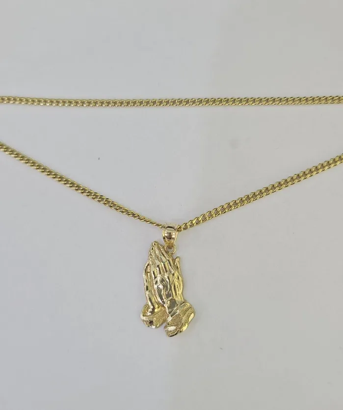 Gold and Diamond Necklaces 14k Miami Cuban Chain Praying Hands Charm Pendant 2mm 1824inch SET Necklace