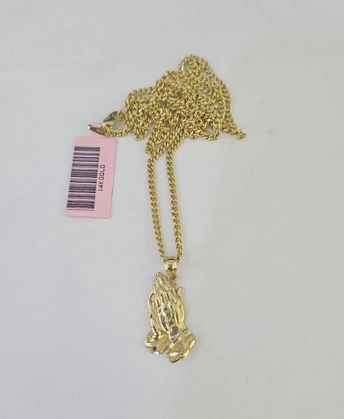 Gold and Diamond Necklaces 14k Miami Cuban Chain Praying Hands Charm Pendant 2mm 1824inch SET Necklace