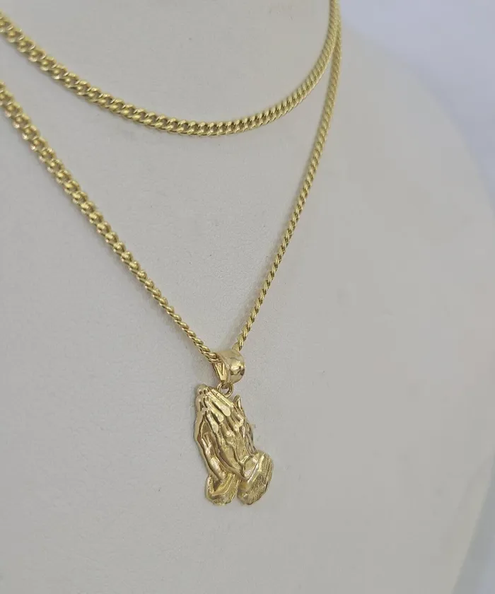 Gold and Diamond Necklaces 14k Miami Cuban Chain Praying Hands Charm Pendant 2mm 1824inch SET Necklace