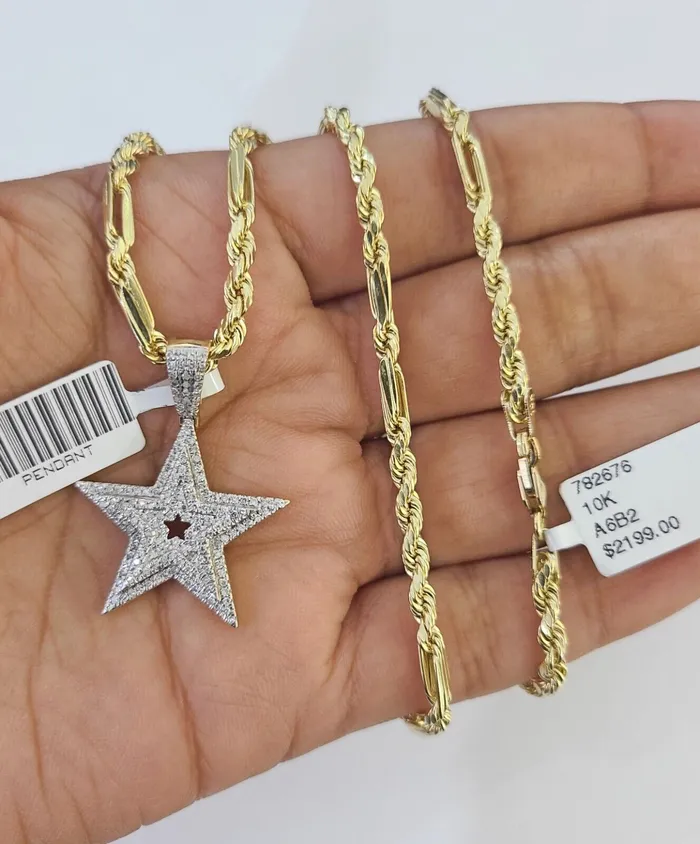 Gold and Diamond Necklaces Real 10k Milano Rope Chain Diamond Star Charm Necklace SET 3mm 18 20 22 24 Gold and Diamond Necklaces Real 10k Milano Rope Chain Diamond Star Charm Necklace SET 3mm 18 20 22 24