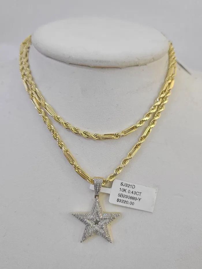 Gold and Diamond Necklaces Real 10k Milano Rope Chain Diamond Star Charm Necklace SET 3mm 18 20 22 24