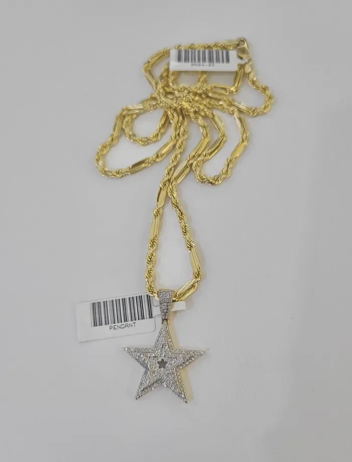 Gold and Diamond Necklaces Real 10k Milano Rope Chain Diamond Star Charm Necklace SET 3mm 18 20 22 24