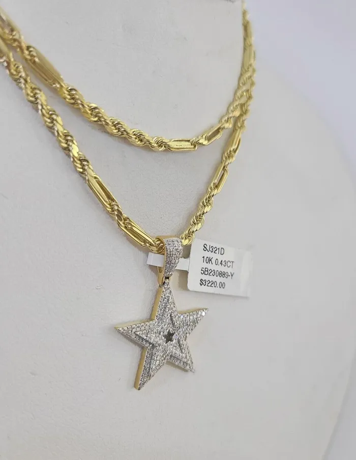 Gold and Diamond Necklaces Real 10k Milano Rope Chain Diamond Star Charm Necklace SET 3mm 18 20 22 24