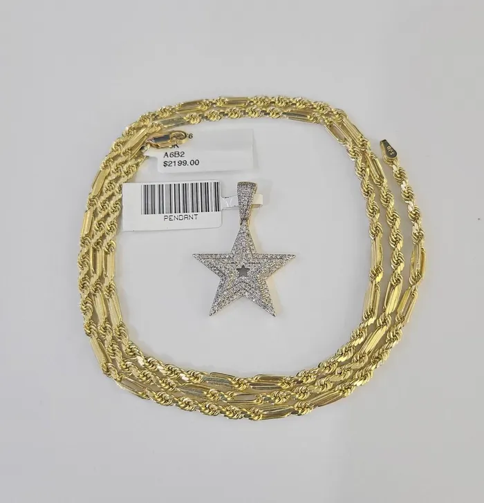 Gold and Diamond Necklaces Real 10k Milano Rope Chain Diamond Star Charm Necklace SET 3mm 18 20 22 24