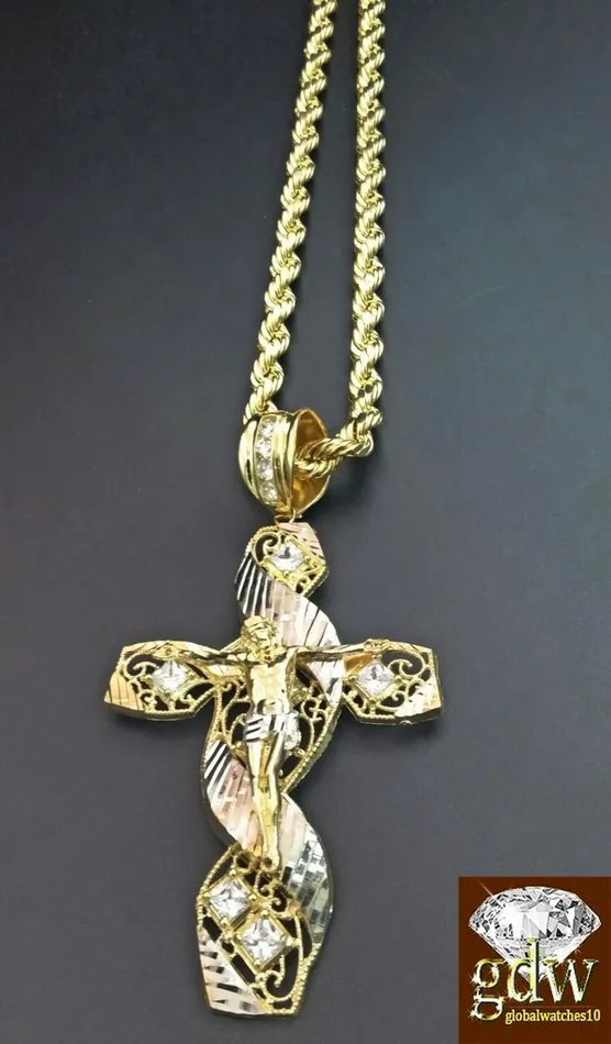 Gold and Diamond Necklaces Real 10K Yellow Gold 26 Inch Rope Chain with Jesus CharmPendant for MenFranco