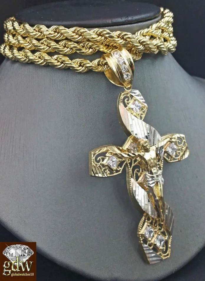 Gold and Diamond Necklaces Real 10K Yellow Gold 26 Inch Rope Chain with Jesus CharmPendant for MenFranco