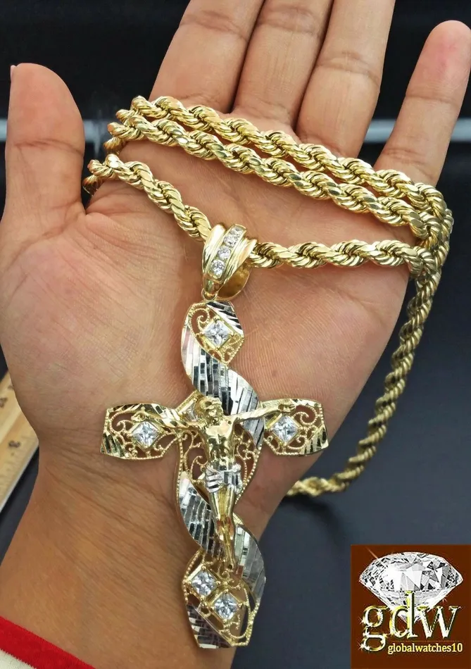 Gold and Diamond Necklaces Real 10K Yellow Gold 26 Inch Rope Chain with Jesus CharmPendant for MenFranco