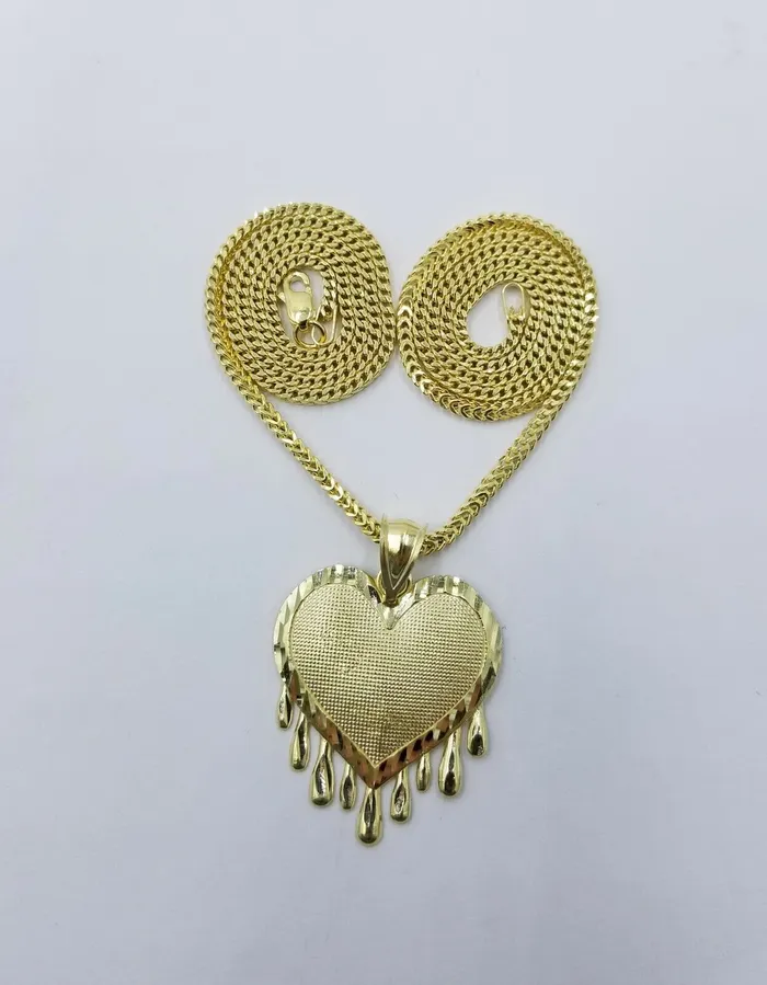 Gold and Diamond Real 10k Yellow Gold Charm Pendant Dripping heart with Franco Chain 18 2mm Necklaces Gold and Diamond Real 10k Yellow Gold Charm Pendant Dripping heart with Franco Chain 18 2mm Necklaces