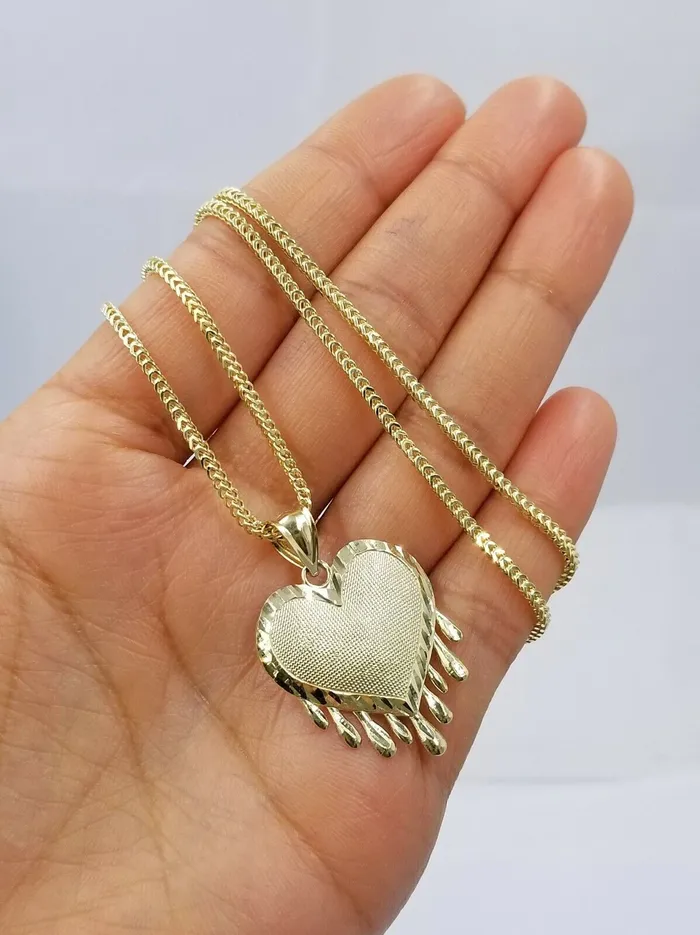 Gold and Diamond Real 10k Yellow Gold Charm Pendant Dripping heart with Franco Chain 18 2mm Necklaces