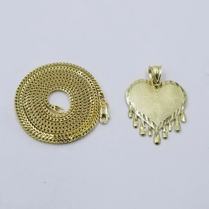 Gold and Diamond Real 10k Yellow Gold Charm Pendant Dripping heart with Franco Chain 18 2mm Necklaces