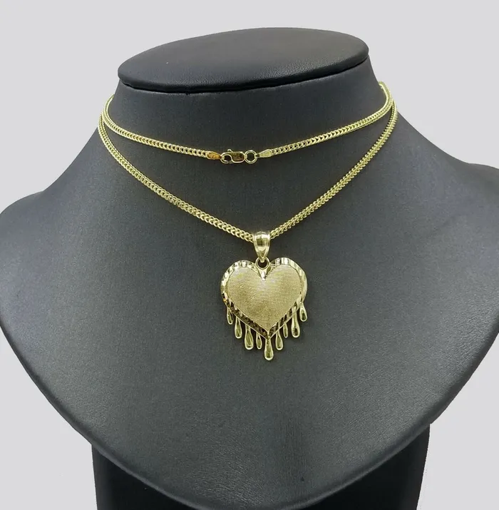 Gold and Diamond Real 10k Yellow Gold Charm Pendant Dripping heart with Franco Chain 18 2mm Necklaces