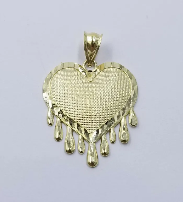 Gold and Diamond Real 10k Yellow Gold Charm Pendant Dripping heart with Franco Chain 18 2mm Necklaces