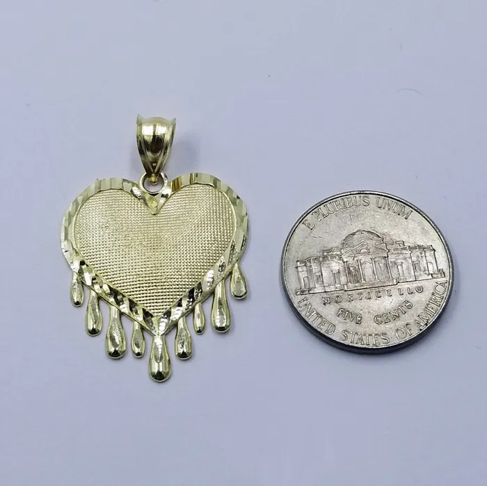 Gold and Diamond Real 10k Yellow Gold Charm Pendant Dripping heart with Franco Chain 18 2mm Necklaces