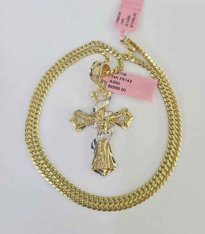 Gold and Diamond Real 14k Solid Chain Cross Charm Set Miami Cuban Link 3mm Necklace Pendant Gold Necklaces