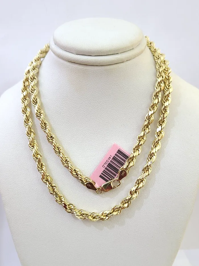 Necklaces Globalwatches10 14K Yellow Gold 4mm Rope Chain 22 inch Diamond cut necklace Real 14KT