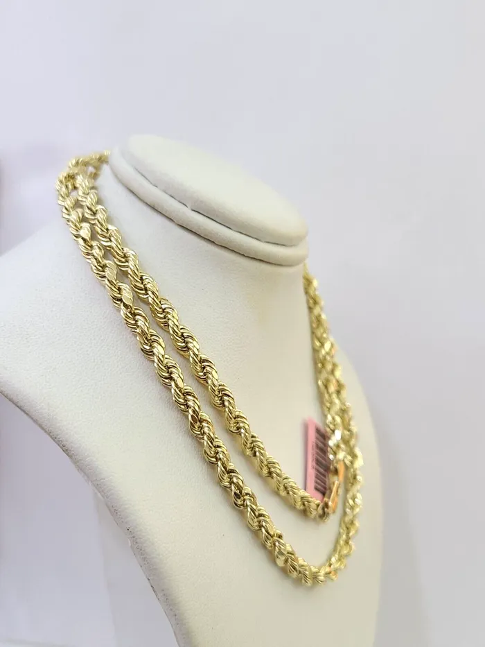 Necklaces Globalwatches10 14K Yellow Gold 4mm Rope Chain 22 inch Diamond cut necklace Real 14KT