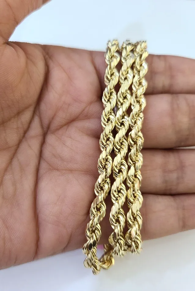 Necklaces Globalwatches10 14K Yellow Gold 4mm Rope Chain 22 inch Diamond cut necklace Real 14KT