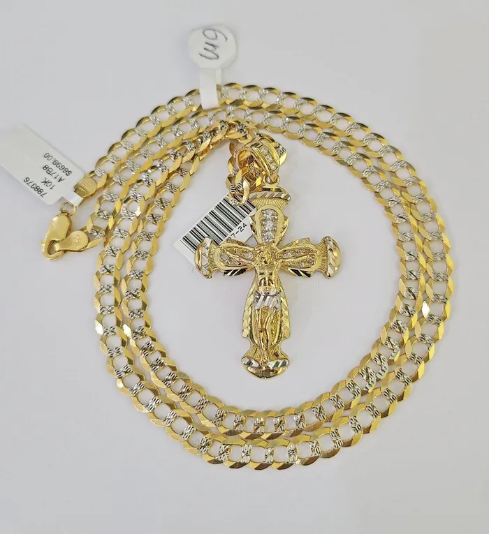 Necklaces Gold and Diamond 10k Solid Gold Cuban Curb Chain Jesus Cross Pendant 6mm 2030 SET Necklace