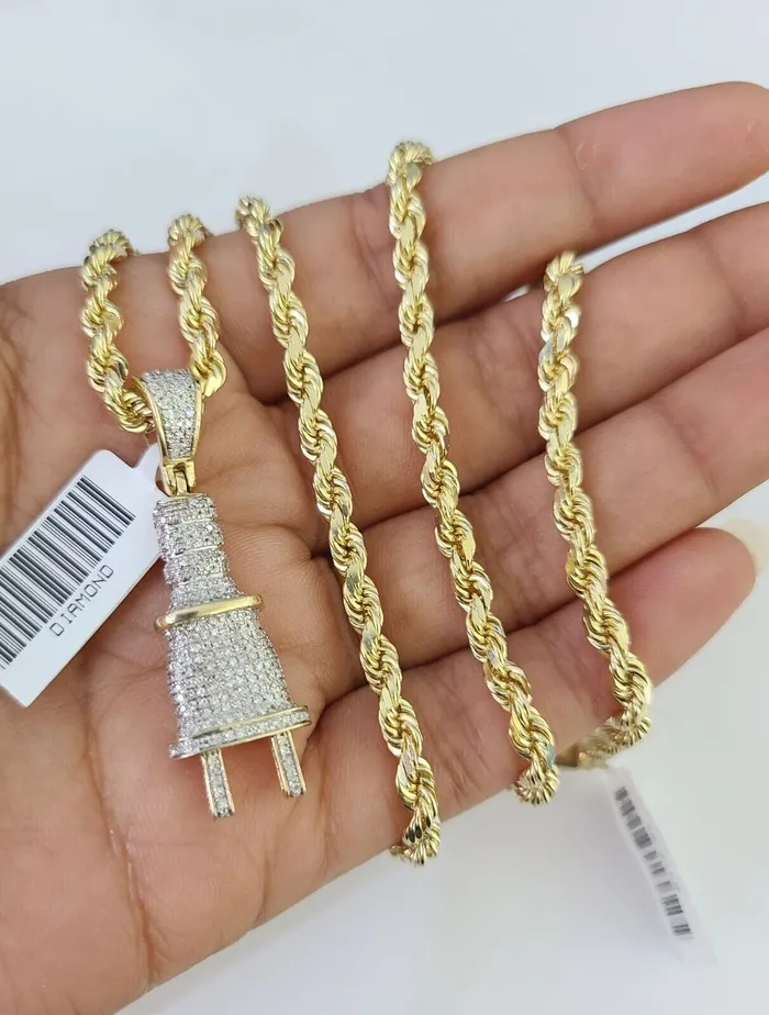 Necklaces Gold and Diamond 10k Solid Rope Chain Plug Socket Charm Diamond Set 4mm 2028 Necklace Gold Necklaces Gold and Diamond 10k Solid Rope Chain Plug Socket Charm Diamond Set 4mm 2028 Necklace Gold