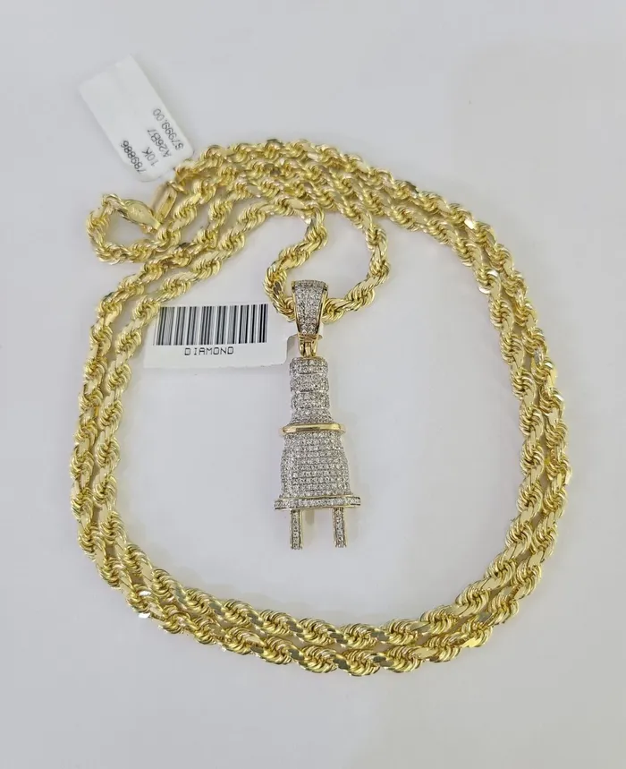 Necklaces Gold and Diamond 10k Solid Rope Chain Plug Socket Charm Diamond Set 4mm 2028 Necklace Gold