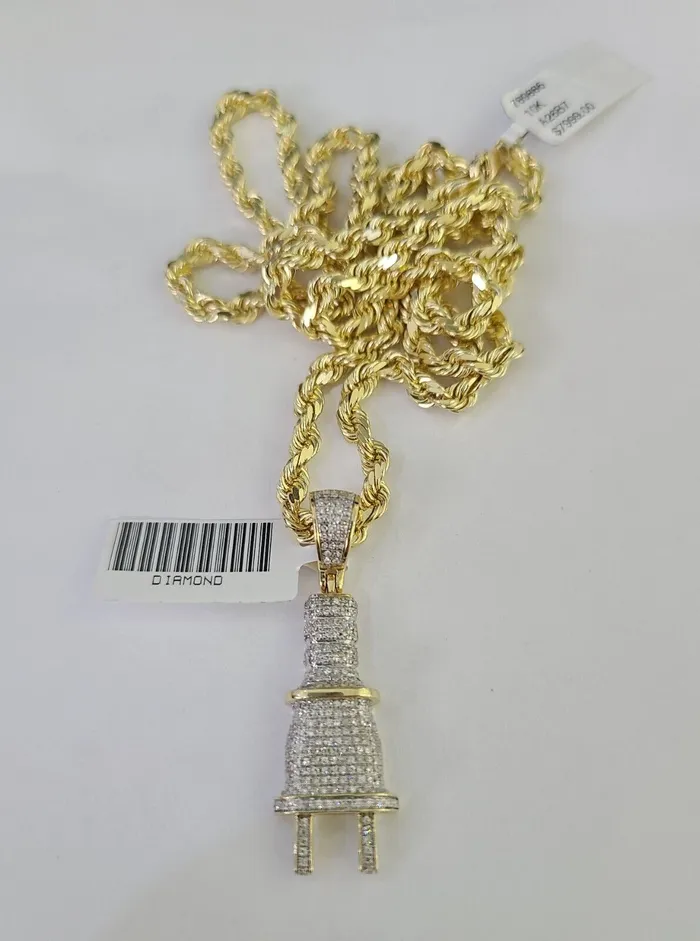 Necklaces Gold and Diamond 10k Solid Rope Chain Plug Socket Charm Diamond Set 4mm 2028 Necklace Gold