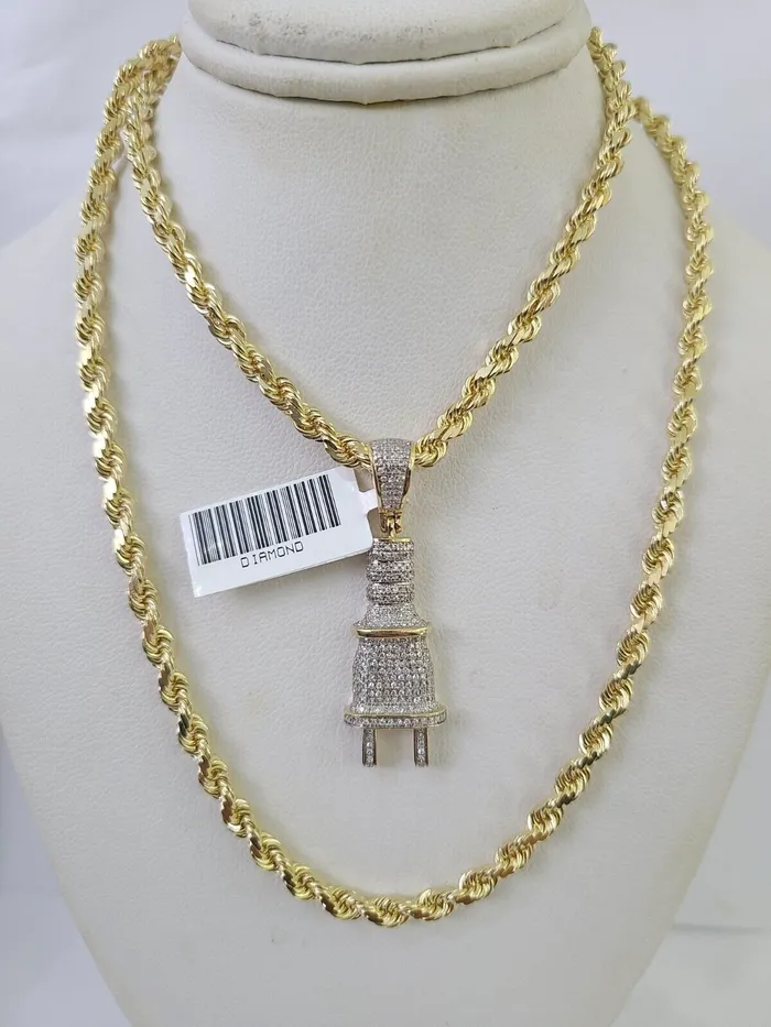 Necklaces Gold and Diamond 10k Solid Rope Chain Plug Socket Charm Diamond Set 4mm 2028 Necklace Gold